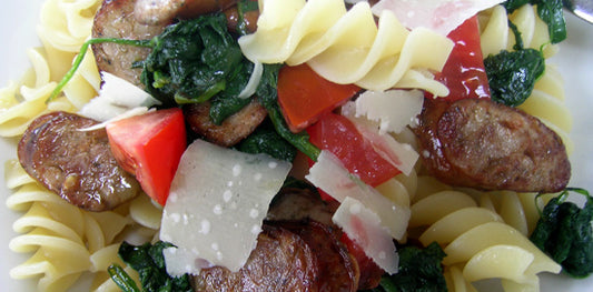 Bradley Smoked Italian Sausage, Spinach and Fresh Tomato with Pasta